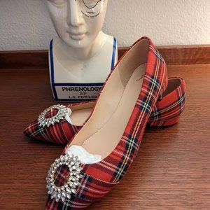 J Crew Pointy Toe Red Tartan Crystal Buckle Flat - 10.5 New